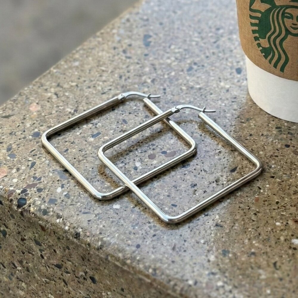 Minimalist Square Hoop Earrings 18K White Gold Plated Stainless Steel Geometric